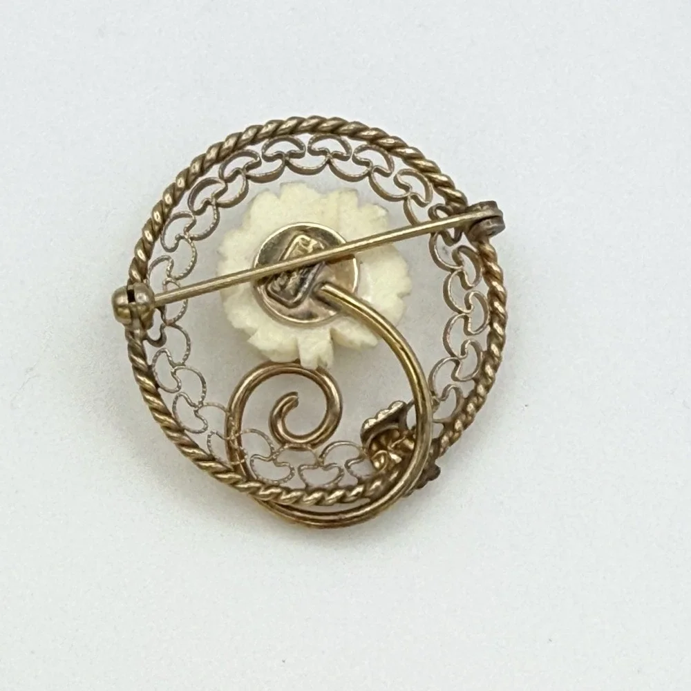 12K Gold Filled Brooch Pin Carved Cream Rose Flower Filigree Circle 1/20 12KT GF